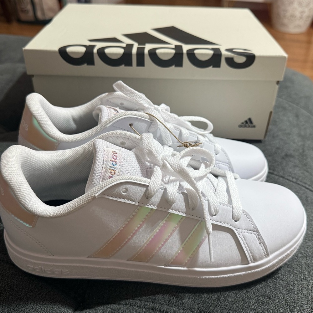Adidas Grand Court 2.0K White Sneakers with Iridescent Stripes